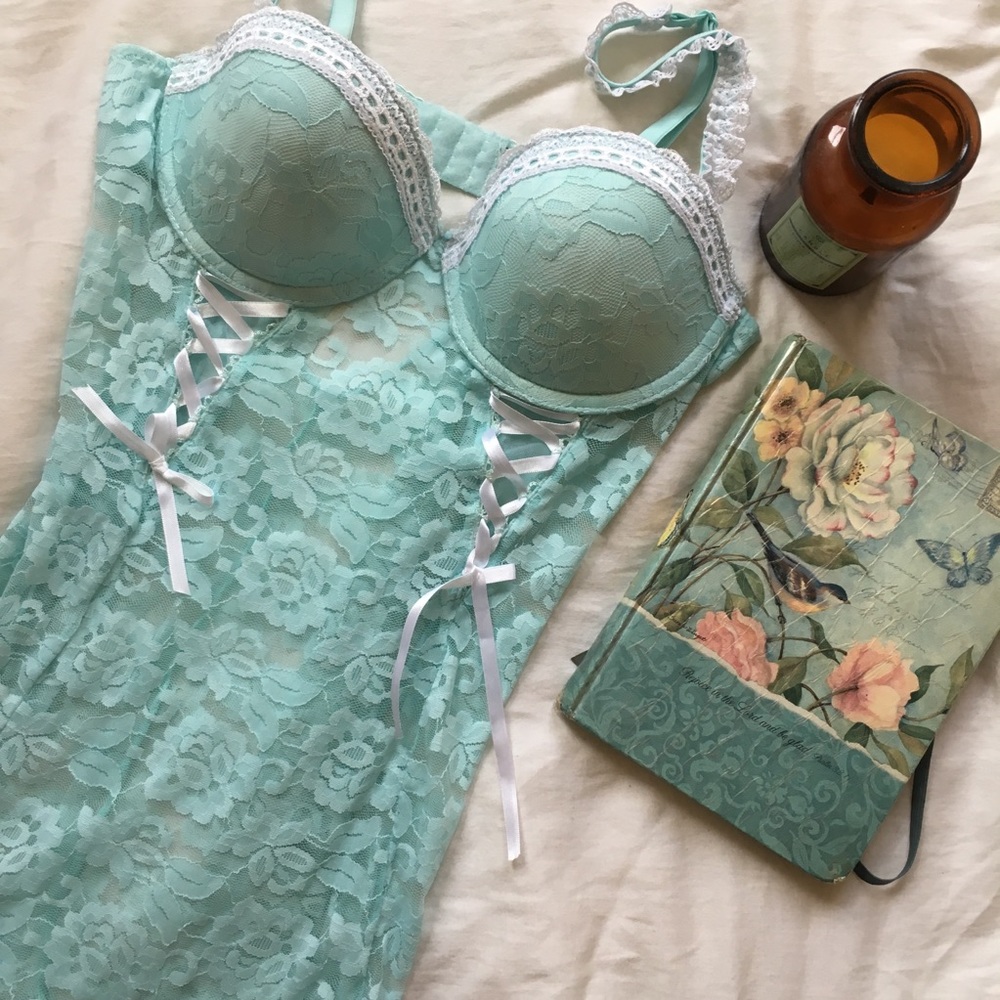 Aqua Lace Babydoll with White Ribbon Accent